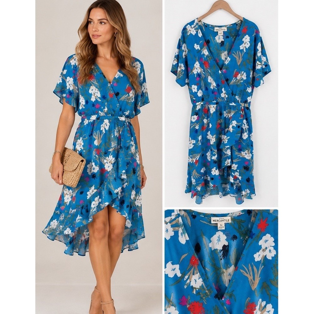 J Crew Mercantile Dress M Blue Floral Faux Wrap High Low Ruffle Midi Cottage